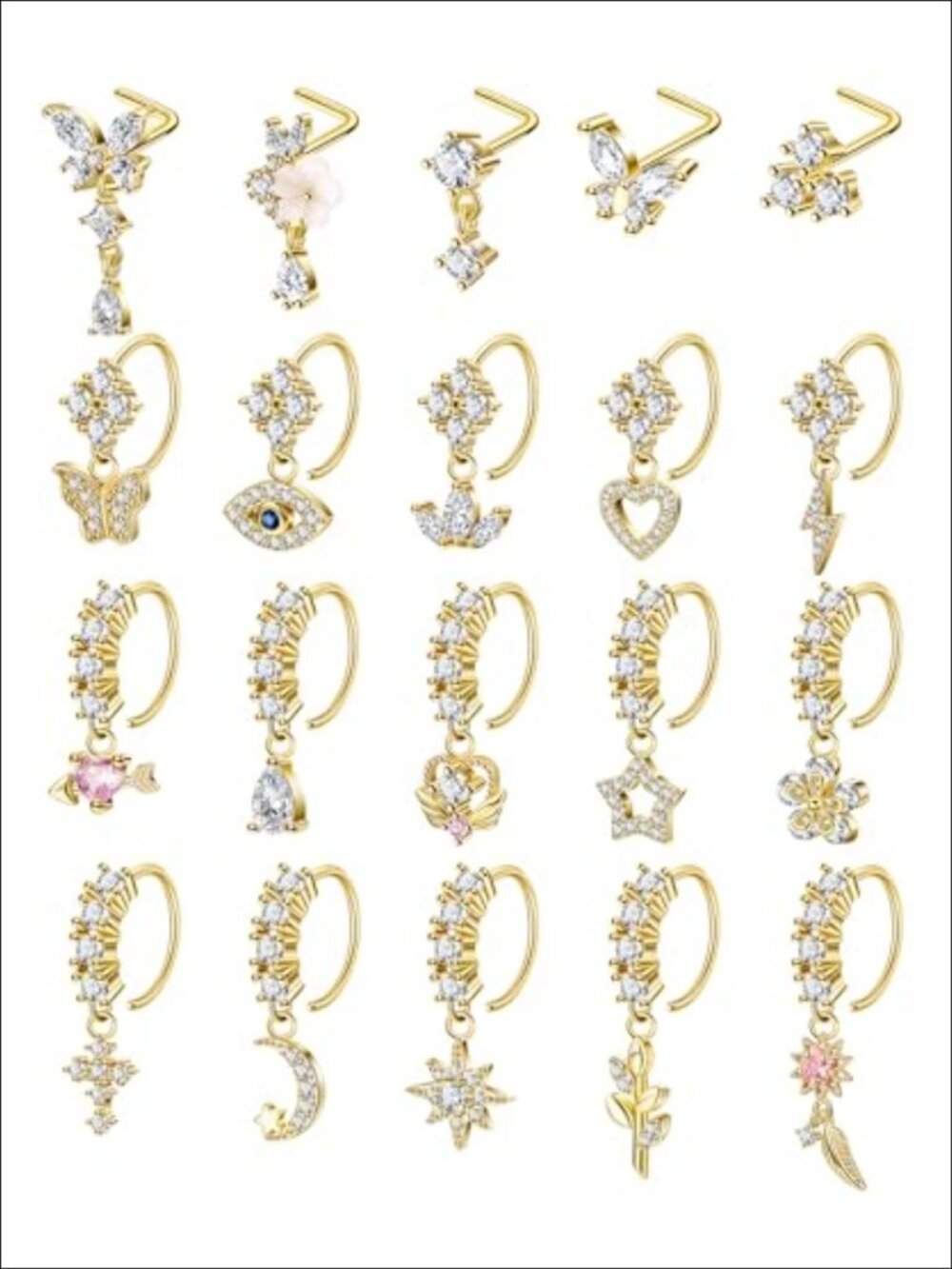 20Pc 316L Stainless Steel Dangle Nose Ring Set L Shaped Nose Stud Hoop CZ Body